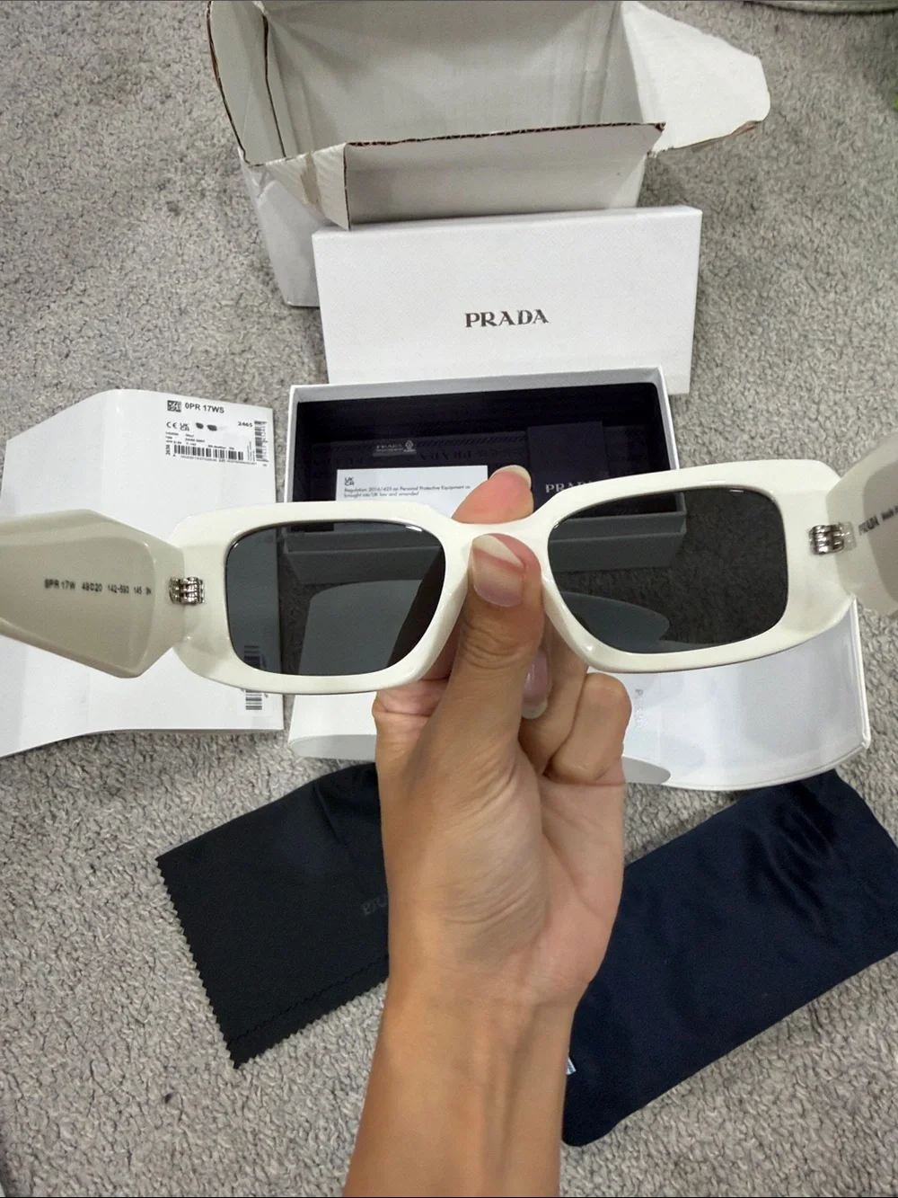 Prada White Rectangular Sunglasses with Dark Lenses 0PR 17WS Talc Smoke Grey